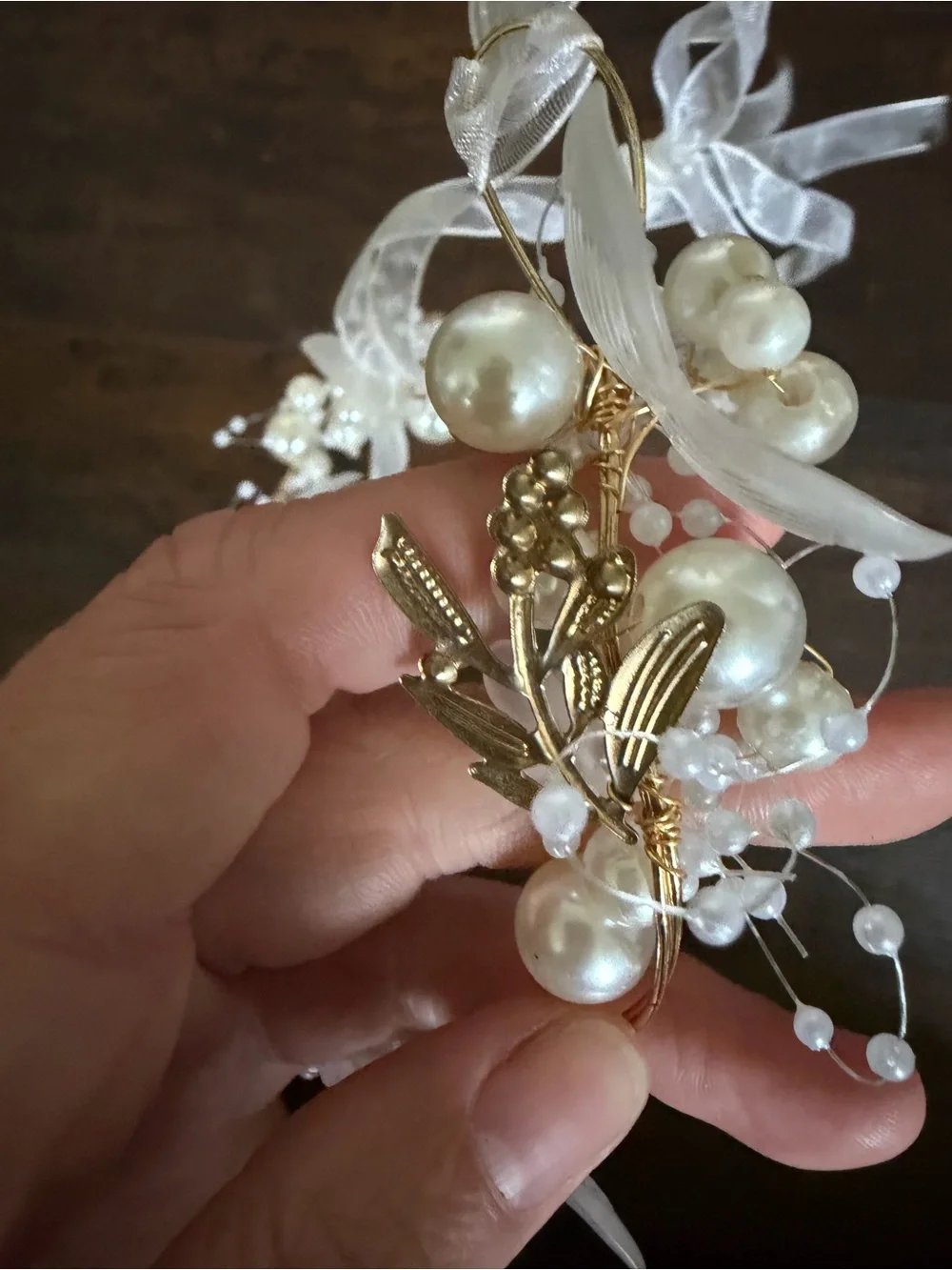 Pearl & Floral Bridal Hair crown with Ribbon Ties - Ivory